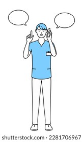 Male nurse, physical therapist, occupational therapist, speech therapist, nursing assistant in Uniform pointing while on the phone, Vector Illustration