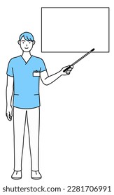 Male nurse, physical therapist, occupational therapist, speech therapist, nursing assistant in Uniform pointing at a whiteboard with an indicator stick, Vector Illustration