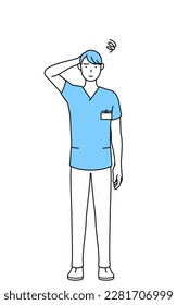 Male nurse, physical therapist, occupational therapist, speech therapist, nursing assistant in Uniform scratching his head in distress, Vector Illustration