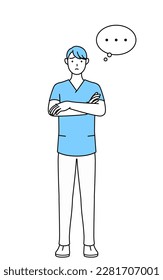 Male nurse, physical therapist, occupational therapist, speech therapist, nursing assistant in Uniform with crossed arms, deep in thought, Vector Illustration