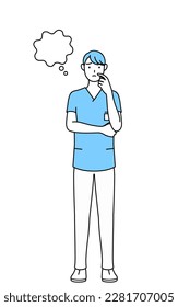 Male nurse, physical therapist, occupational therapist, speech therapist, nursing assistant in Uniform thinking while scratching his face, Vector Illustration