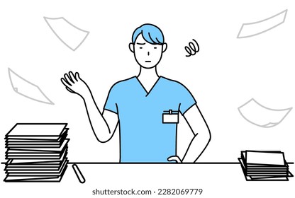 Male nurse, physical therapist, occupational therapist, speech therapist, nursing assistant in Uniform who is fed up with his unorganized business, Vector Illustration