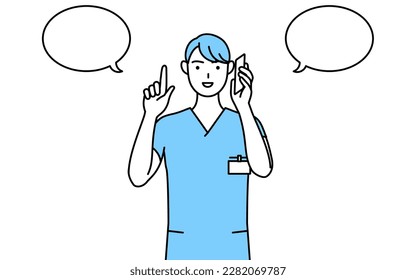 Male nurse, physical therapist, occupational therapist, speech therapist, nursing assistant in Uniform pointing while on the phone, Vector Illustration