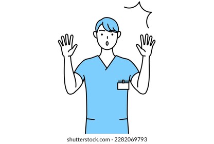 Male nurse, physical therapist, occupational therapist, speech therapist, nursing assistant in Uniform raising his hand in surprise, Vector Illustration