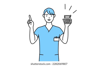 Male nurse, physical therapist, occupational therapist, speech therapist, nursing assistant in Uniform holding a calculator and pointing, Vector Illustration