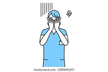 Male nurse, physical therapist, occupational therapist, speech therapist, nursing assistant in Uniform covering his face in depression, Vector Illustration
