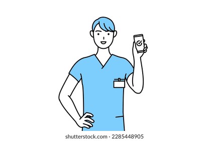 Male nurse, physical therapist, occupational therapist, speech therapist, nursing assistant in Uniform using a smartphone at work, Vector Illustration