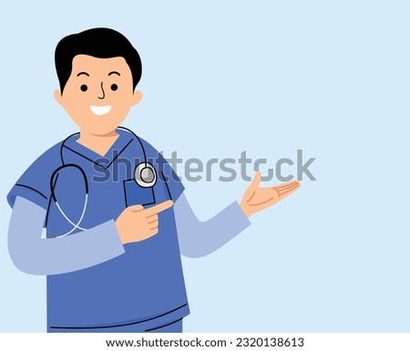 male nurse pointing towards empty room for presentation