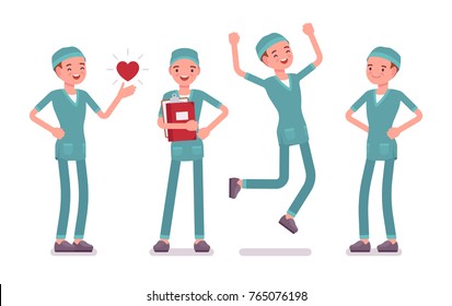 Male nurse in positive emotions. Young man in hospital uniform happy at work, enjoy job and career. Medicine and healthcare concept. Vector flat style cartoon illustration isolated on white background