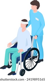 Male nurse pushing older man in wheelchair, both wearing casual and medical attire. Healthcare worker assisting elderly patient. Caring for disabled vector illustration.