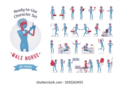 Male nurse ready-to-use character set. Young worker in hospital uniform busy with clinic procedures, full length, different views, gestures, emotions, front, rear view. Emergency services job concept