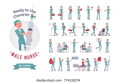 Male nurse ready-to-use character set. Young man in hospital uniform on duty in clinic, care-giver full length, different views, gestures, emotions, front and rear view. Medicine, healthcare concept