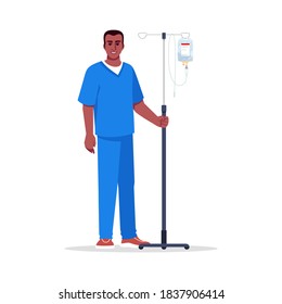 Male nurse semi flat RGB color vector illustration. Hospital personnel. Male medical worker. Young afro american doctor with intravenous pole isolated cartoon character on white background