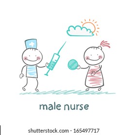 male nurse  with a syringe and pills in the hands of