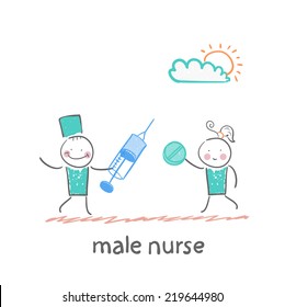 male nurse  with a syringe and pills in the hands of