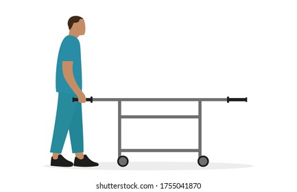 Male nurse in uniform with medical wheeled stretcher on a white background