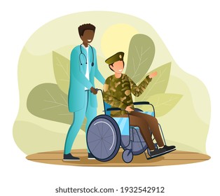 Male nurse and veteran soldier in military uniform on a wheelchair. Smiling doctor rolls a patient with disability on a wheelchair in military hospital. Flat cartoon vector illustration