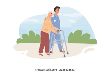 Male nurse or volunteer helps elderly patient with orthopedic walker. Caregiver and old age woman walking outdoors. Physical activity, physiotherapy, therapy rehabilitation. Vector flat illustration.