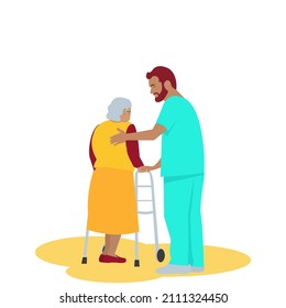 Male nurse or volunteer worker taking care of an elderly woman who standing by walking aids.Home care services for seniors.Vector flat characters design concept for Healthcare and social supports.