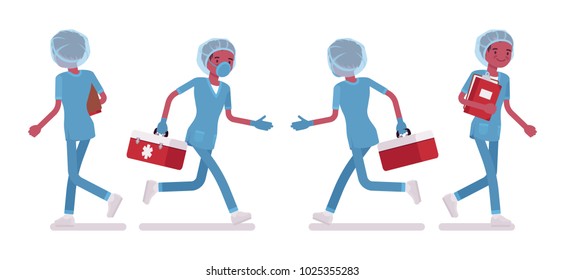 Male Nurse Walking. Young Man In Hospital Uniform Employed In Clinic, Busy At Work. Medicine And Healthcare Concept. Vector Flat Style Cartoon Illustration Isolated On White Background, Front, Rear