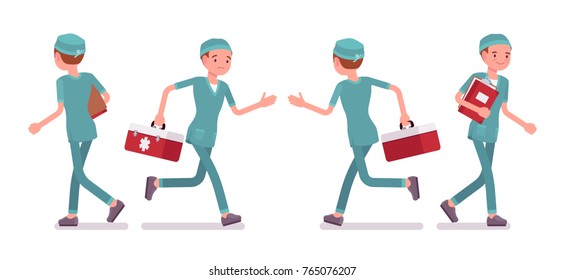 Male Nurse Walking. Young Man In Hospital Uniform Employed In Clinic, Busy At Work. Medicine And Healthcare Concept. Vector Flat Style Cartoon Illustration Isolated On White Background, Front, Rear