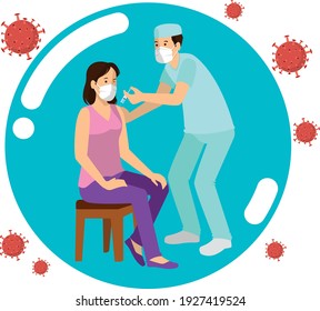 Male nurse wearing a mask applying the COVID-19 vaccine to a young woman sitting on a bench