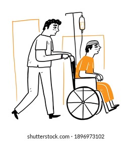 Male nurses help patients push wheelchair, Hand drawing Vector Illustration doodle style