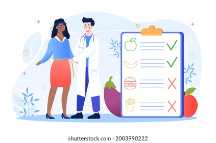 Male nutritionist is consulting patient in clinic. Doctor measuring waist of patient. Dietician advise for weight loss. Meal plan healthy eating on clipboard. Flat cartoon vector illustration