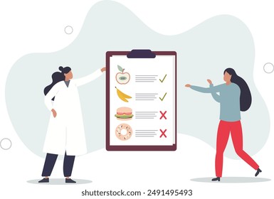 Male nutritionist is consulting patient in clinic.Dietician advise for weight loss. Meal plan healthy eating on clipboard.flat design.illustration with people.