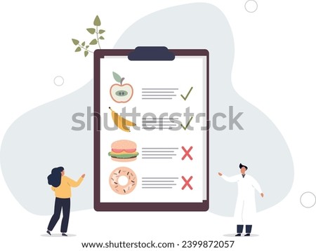 Male nutritionist is consulting patient in clinic.Dietician advise for weight loss. Meal plan healthy eating on clipboard.flat vector illustration.