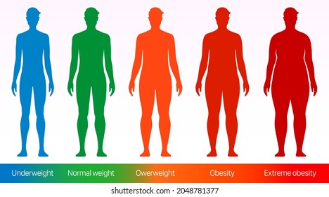 Male obesity chart. Body mass index vector poster. Adult men with different bodyweight sizes from underweight to overweight.