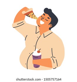 Male obesity problem concept flat vector illustration. Overweight man cartoon character eating pizza slice, takeaway fast food. Unhealthy lifestyle, harmful nutrition and food addiction.