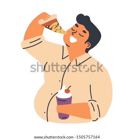 Male obesity problem concept flat vector illustration. Overweight man cartoon character eating pizza slice, takeaway fast food. Unhealthy lifestyle, harmful nutrition and food addiction.