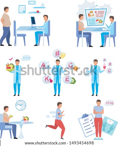 Male obesity problem flat vector illustrations set. Dietitian consulting fat man isolated cartoon characters. Doctor comparing fresh fruit and vitamin supplements. Patient jogging, doing exercise