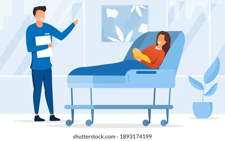 Male obstetrician is checking on woman and her newborn baby at the hospital. Concept of childbirth and healthcare of newborn baby. Flat cartoon vector illustration