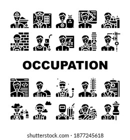 Male Occupation Job Collection Icons Set Vector. Miner And Policeman, Volunteer And Designer, Farmer And Builder, Mover And Plumber Occupation Glyph Pictograms Black Illustrations