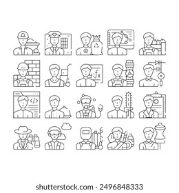 Male Occupation Job Collection Icons Set Vector. Miner And Policeman, Volunteer And Designer, Farmer And Builder, Mover And Plumber Occupation Black Contour Illustrations