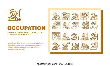 Male Occupation Job Landing Web Page Header Banner Template Vector. Miner And Policeman, Volunteer And Designer, Farmer And Builder, Mover And Plumber Occupation Illustration