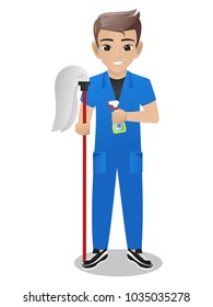 Male office Boy Holding Mop and Spray / Sprayer