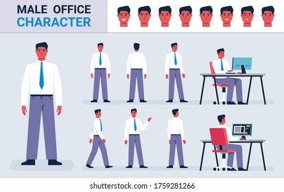 Male office character ethnic indian standing. Business man 8 poses desktop and heads