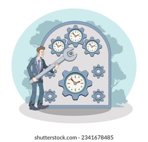 Male in office clothes holding wrench and repairing clock mechanism. Time organization and management concept. Flat vector illustration in blue colors in cartoon style