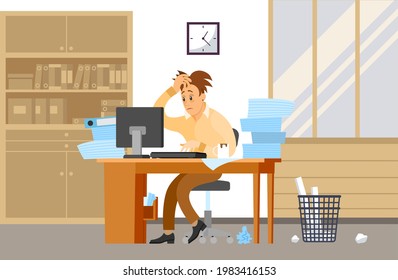 Male office employee is doing paperwork to deal with deadlines. Tired businessman in office with papers and documents trying to finish work at designated time. Stress and difficulties at work