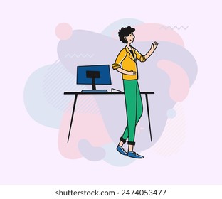 Male office employee greeting colleagues. Positive man standing near desk with computer flat vector illustration. Professional, occupation, office work concept for banner, web design or landing page
