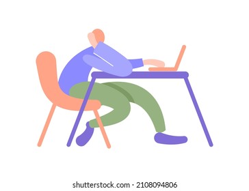 male office laptop. business office. man sits at a table on a chair. stylized color vector illustration