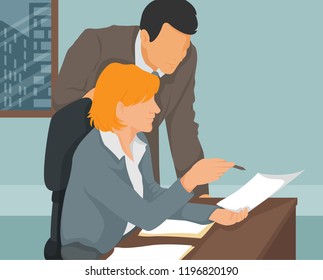 male office manager helping his female office worker character illustration