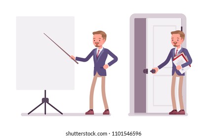 Male office secretary. Smart man wearing jacket and skinny trousers, assisting in presentation, standing at white board. Business workwear trend, city fashion. Vector flat style cartoon illustration