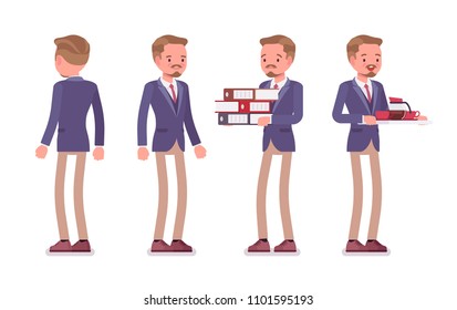 Male office secretary. Smart man wearing jacket and skinny trousers, assisting in work, standing pose. Business workwear trend and city fashion. Vector flat style cartoon illustration, front, rear