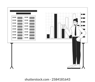 Male office worker analyzing bar chart presentation board black and white 2D line character. Caucasian employee analyst corporate report isolated vector outline person. Monochromatic spot illustration