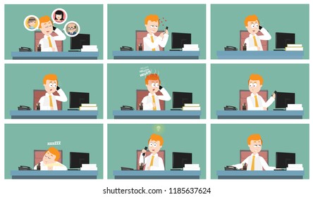 male office worker calling from his desk cartoon character illustration collection