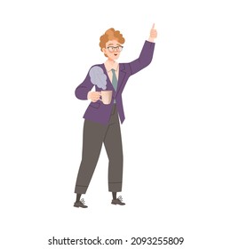Male office worker character holding cup of hot coffee and raising his hand vector illustration